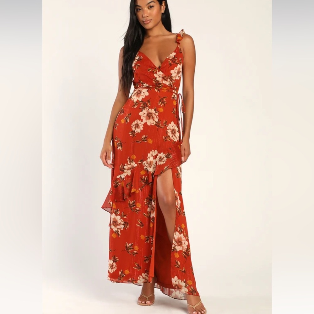 Pleased to Be Rust Orange Floral Print Ruffled Maxi Dress
